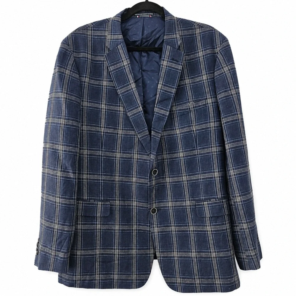 Tommy Hilfiger Sport Coat Mens 43R Blue Plaid Linen Two Button Blazer Jacket